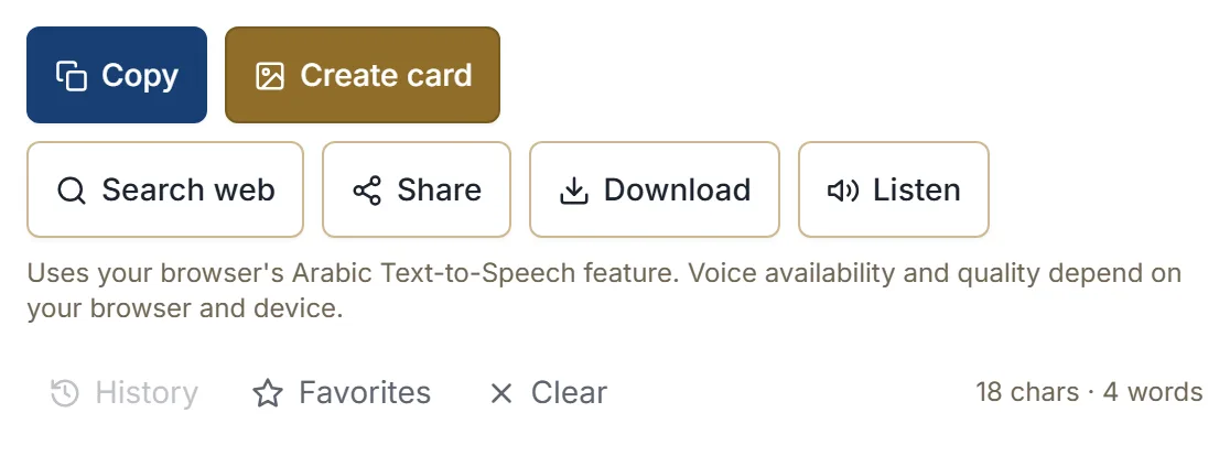 The action row beneath the editor — Copy and Create card, then Search web, Share, Download and Listen — with History, Favorites and Clear below and a live count reading 18 chars · 4 words