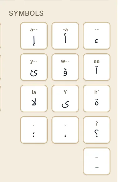 The Symbols group of the on-screen keyboard, with keys for إ, أ, ء, ئ, ؤ, آ, لا, ى and ة, each labelled with the Latin sequence that types it